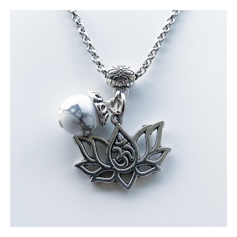 🔴lotus flower necklace howlite gemstone om sign steel chain boho bead necklace - Picture 6 of 9